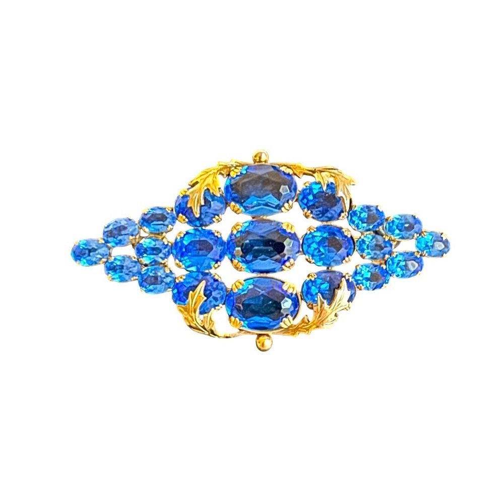 Vintage Blue‎ Crystal Brooch Gold Plated Czech Austrian Topaz Glass Pin Estate